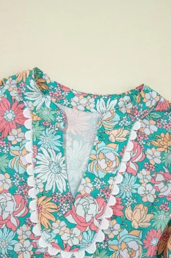 Clearance Dear-Lover Notched Neck Puff Short Sleeve Floral Blouse Multicolour
