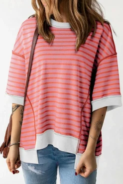Best Dear-Lover Oversized Contrast Trim Exposed Seam High Low T Shirt Multicolour