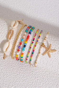 New Dear-Lover 7pcs Starfish Seashell Beaded Bracelet Set Multicolour