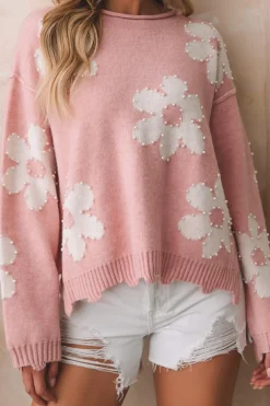 Best Dear-Lover Pearl Beaded Floral Drop Shoulder Sweater Multicolour