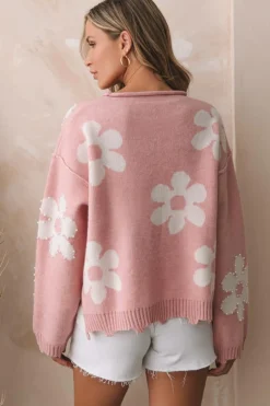 Best Dear-Lover Pearl Beaded Floral Drop Shoulder Sweater Multicolour