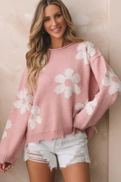 Best Dear-Lover Pearl Beaded Floral Drop Shoulder Sweater Multicolour