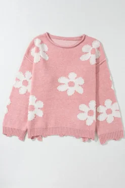 Best Dear-Lover Pearl Beaded Floral Drop Shoulder Sweater Multicolour