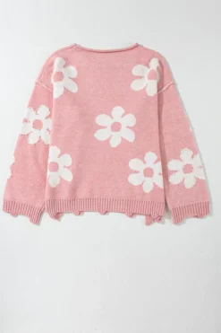 Best Dear-Lover Pearl Beaded Floral Drop Shoulder Sweater Multicolour