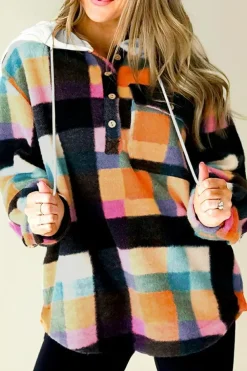 Clearance Dear-Lover Plaid Color Block Flap Pocket Buttoned Hoodie Multicolour
