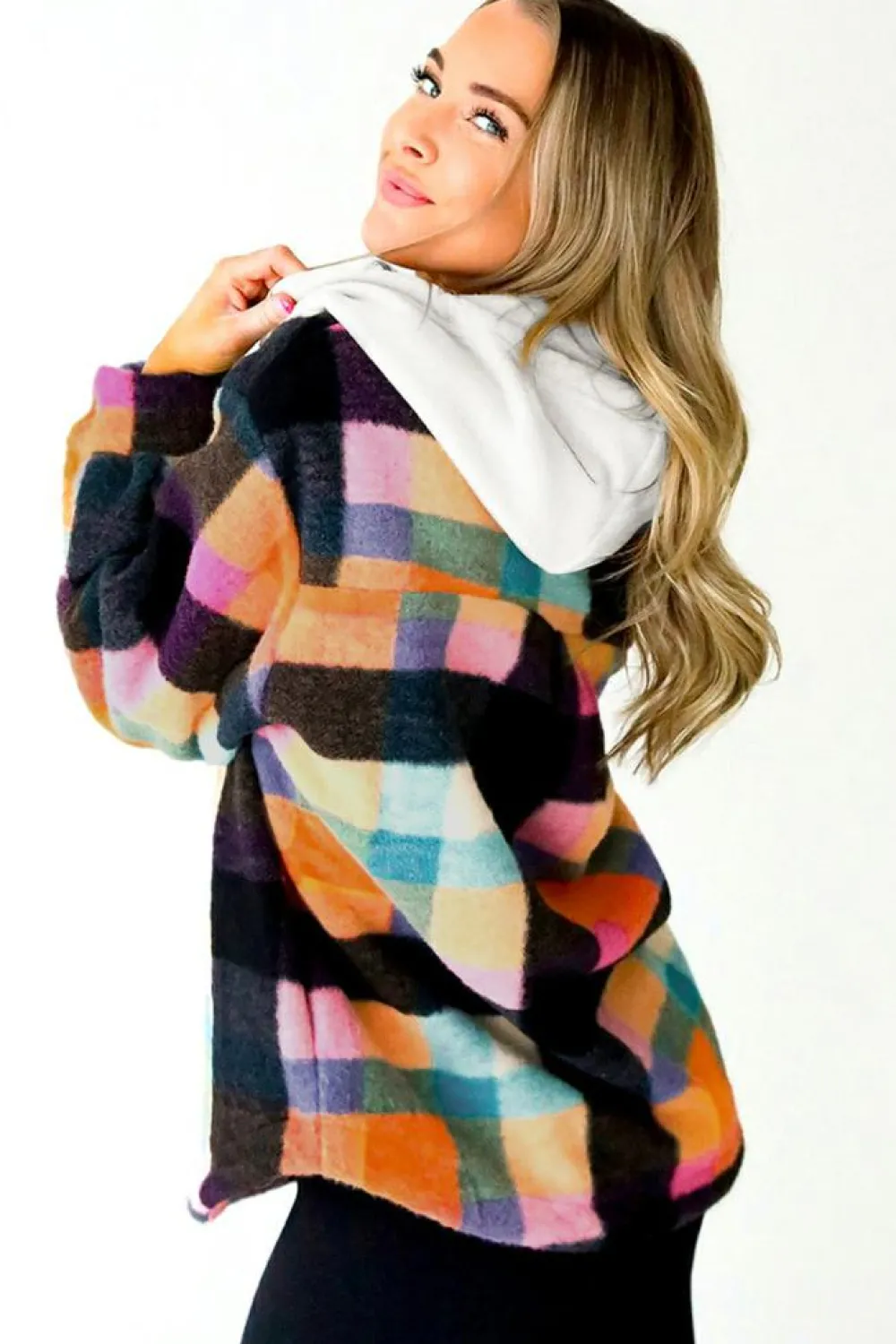 Clearance Dear-Lover Plaid Color Block Flap Pocket Buttoned Hoodie Multicolour