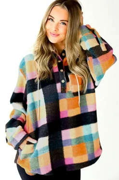 Clearance Dear-Lover Plaid Color Block Flap Pocket Buttoned Hoodie Multicolour