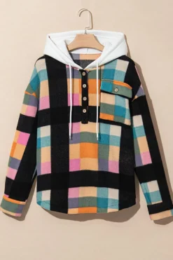 Clearance Dear-Lover Plaid Color Block Flap Pocket Buttoned Hoodie Multicolour