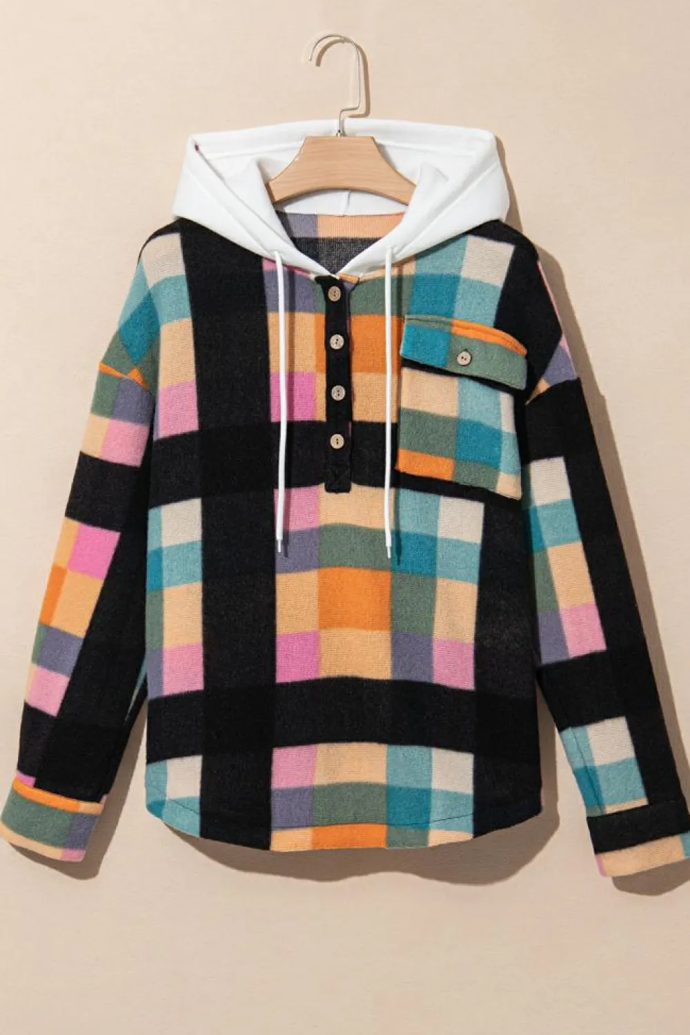 Clearance Dear-Lover Plaid Color Block Flap Pocket Buttoned Hoodie Multicolour