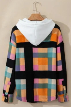 Clearance Dear-Lover Plaid Color Block Flap Pocket Buttoned Hoodie Multicolour