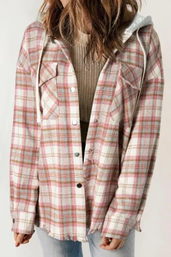 Best Dear-Lover Plaid Flap Pocket Hooded Raw Hem Jacket Multicolour