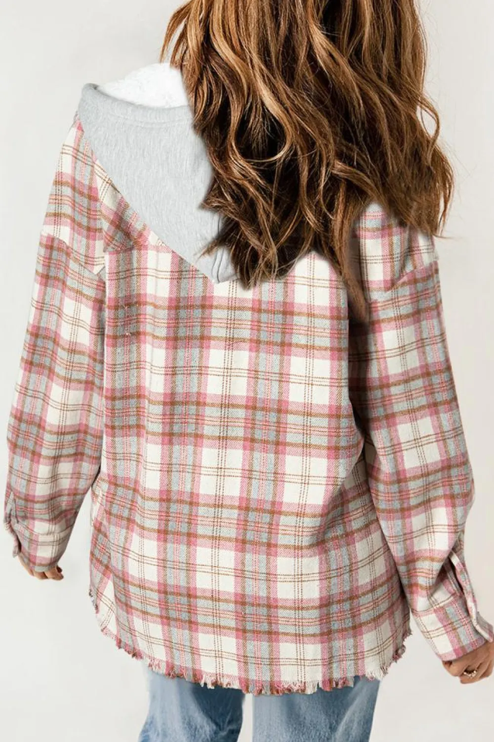 Best Dear-Lover Plaid Flap Pocket Hooded Raw Hem Jacket Multicolour