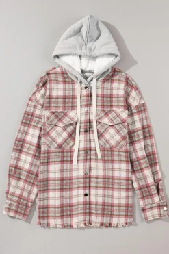Best Dear-Lover Plaid Flap Pocket Hooded Raw Hem Jacket Multicolour