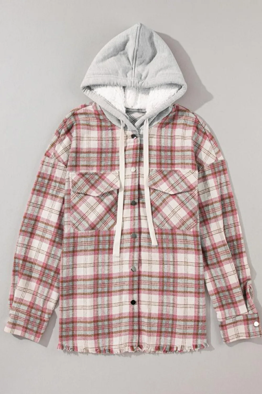 Best Dear-Lover Plaid Flap Pocket Hooded Raw Hem Jacket Multicolour
