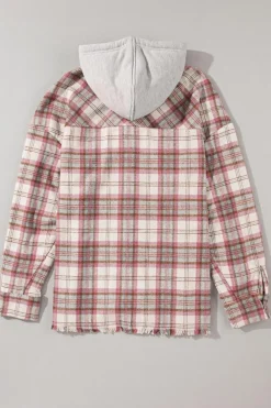 Best Dear-Lover Plaid Flap Pocket Hooded Raw Hem Jacket Multicolour