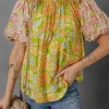 Online Dear-Lover Printed Contrast Bubble Sleeve Patchwork Blouse Multicolour