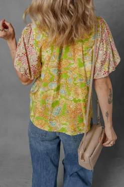 Online Dear-Lover Printed Contrast Bubble Sleeve Patchwork Blouse Multicolour