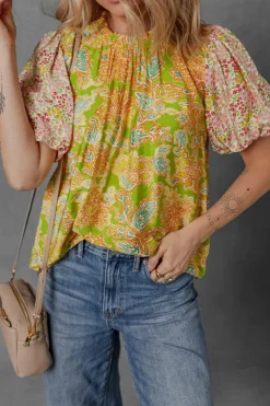 Online Dear-Lover Printed Contrast Bubble Sleeve Patchwork Blouse Multicolour