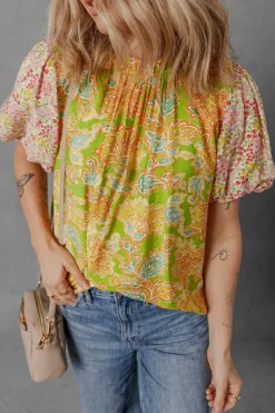 Online Dear-Lover Printed Contrast Bubble Sleeve Patchwork Blouse Multicolour
