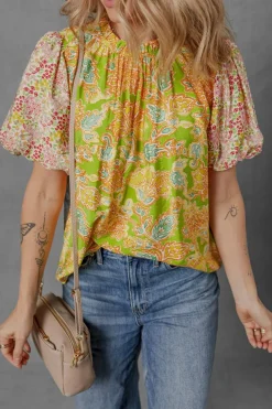 Online Dear-Lover Printed Contrast Bubble Sleeve Patchwork Blouse Multicolour