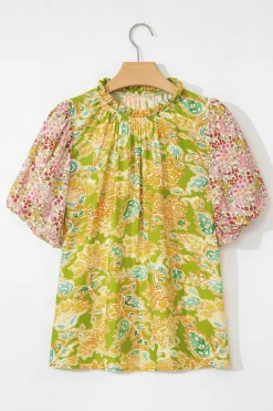 Online Dear-Lover Printed Contrast Bubble Sleeve Patchwork Blouse Multicolour