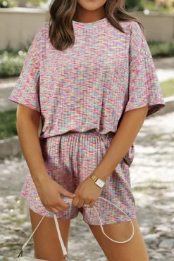 Outlet Dear-Lover Printed Ribbed Knit T Shirt and Shorts Lounge Set Multicolour