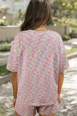Outlet Dear-Lover Printed Ribbed Knit T Shirt and Shorts Lounge Set Multicolour