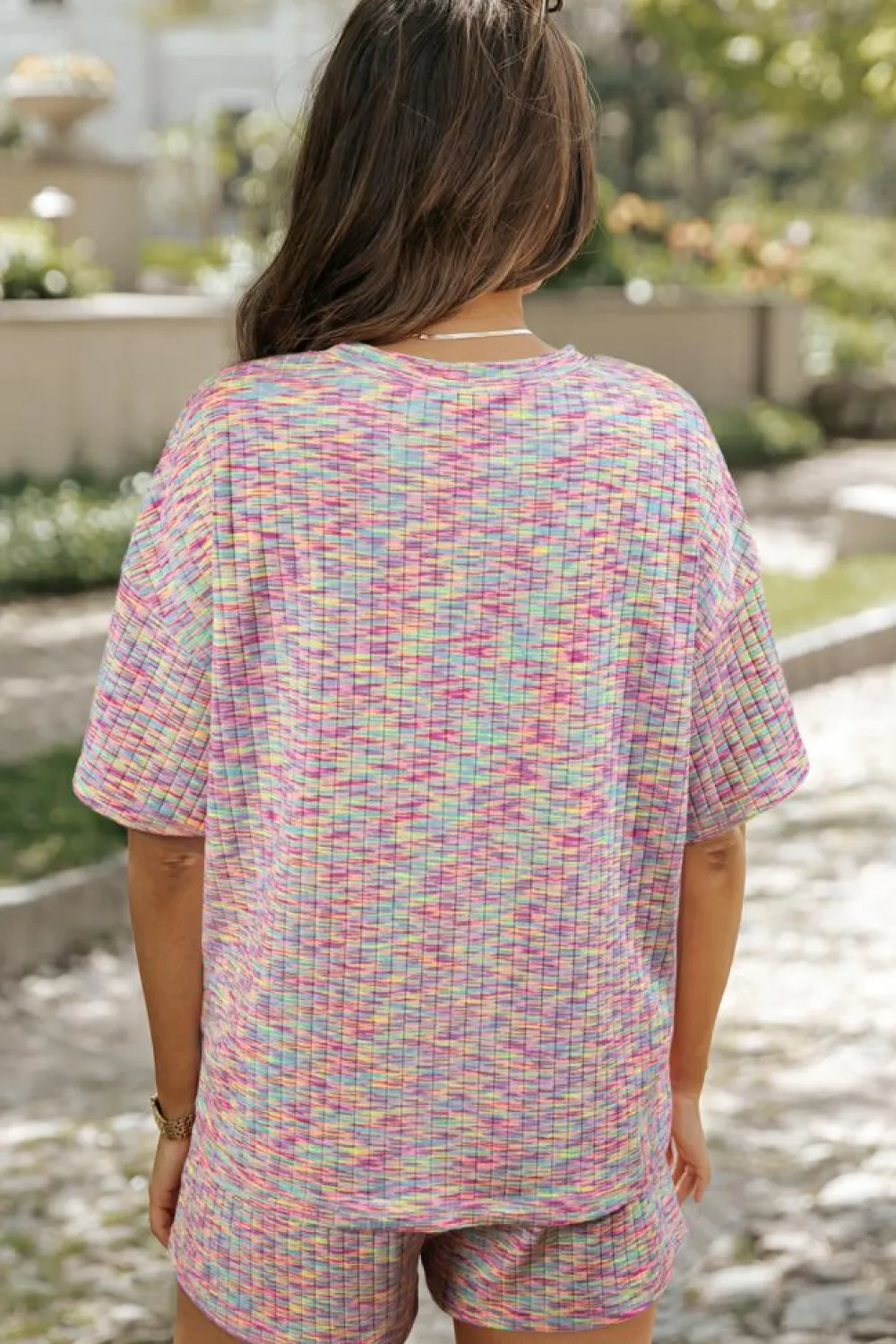 Outlet Dear-Lover Printed Ribbed Knit T Shirt and Shorts Lounge Set Multicolour
