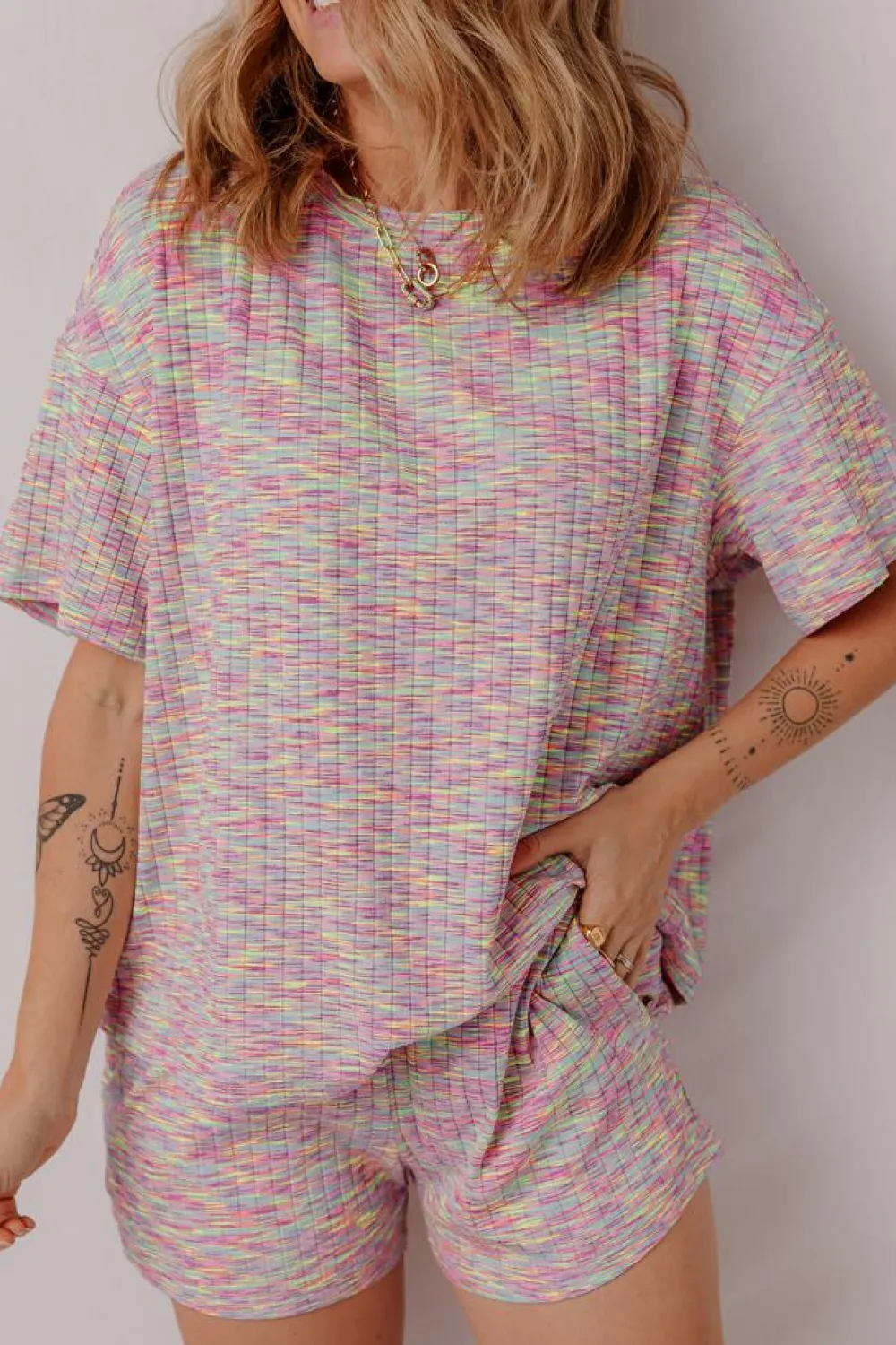 Outlet Dear-Lover Printed Ribbed Knit T Shirt and Shorts Lounge Set Multicolour