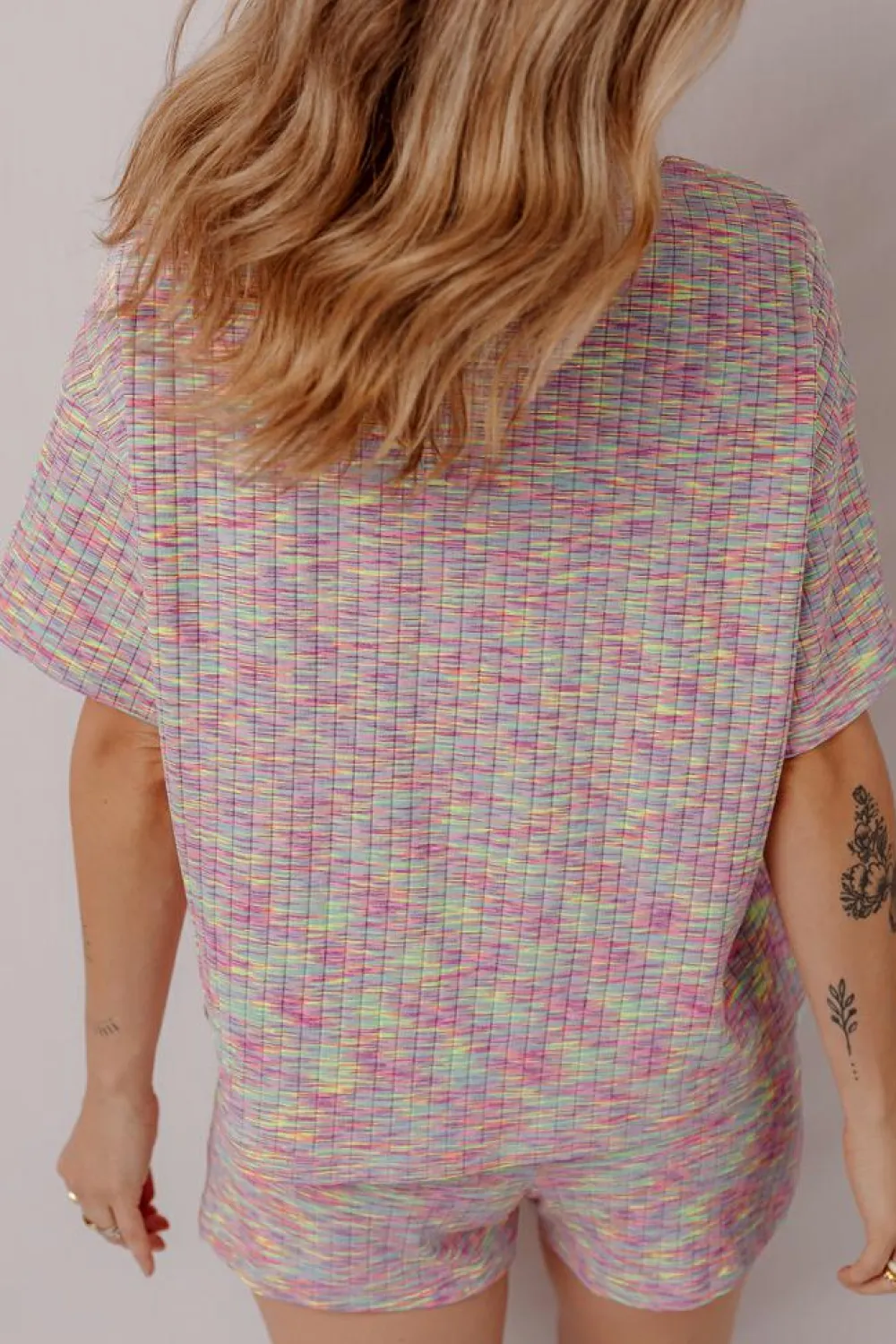 Outlet Dear-Lover Printed Ribbed Knit T Shirt and Shorts Lounge Set Multicolour