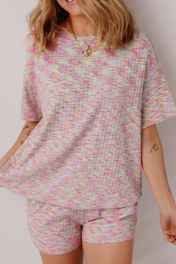 Outlet Dear-Lover Printed Ribbed Knit T Shirt and Shorts Lounge Set Multicolour