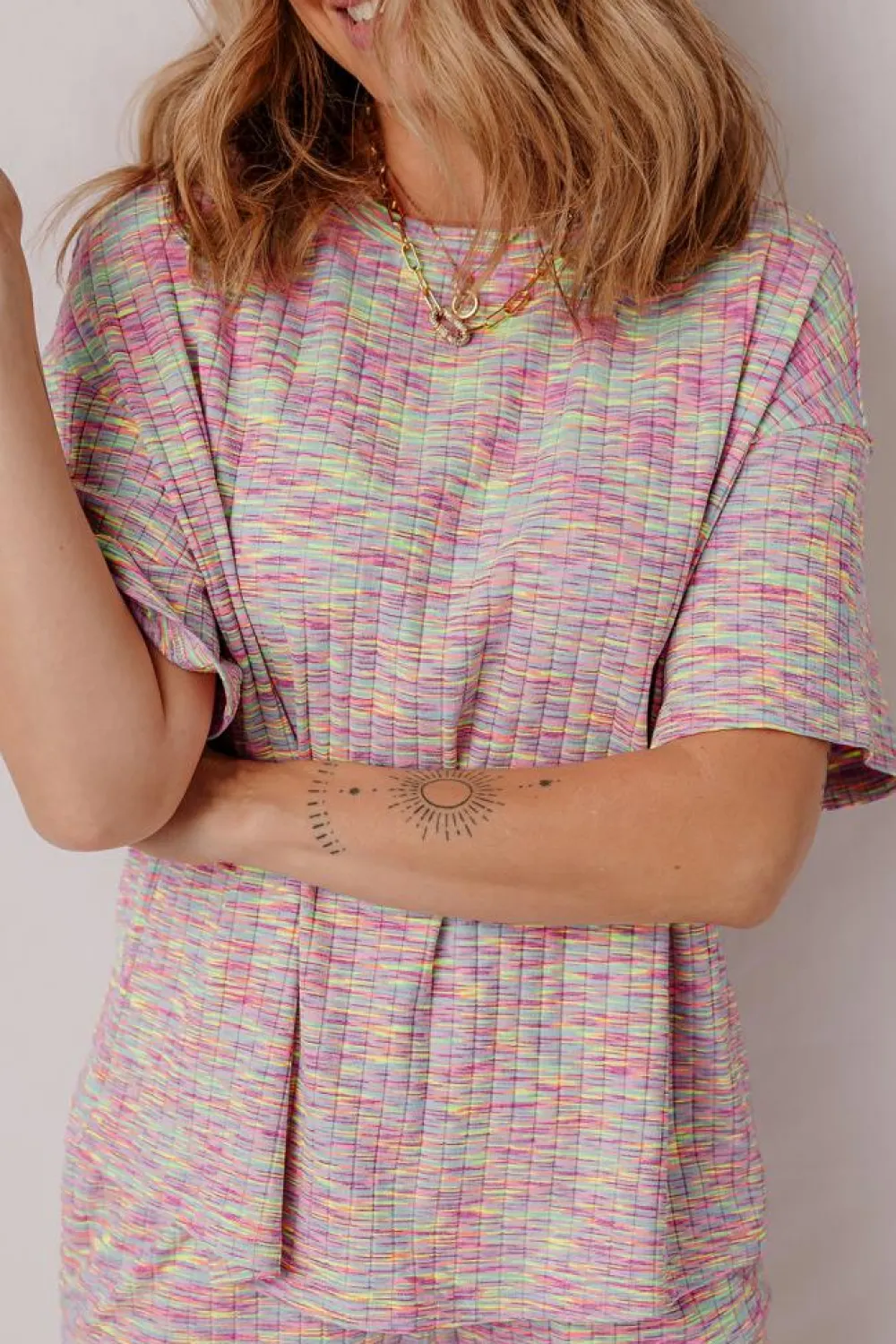 Outlet Dear-Lover Printed Ribbed Knit T Shirt and Shorts Lounge Set Multicolour