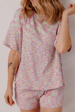 Outlet Dear-Lover Printed Ribbed Knit T Shirt and Shorts Lounge Set Multicolour