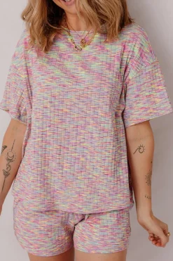 Outlet Dear-Lover Printed Ribbed Knit T Shirt and Shorts Lounge Set Multicolour