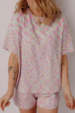 Outlet Dear-Lover Printed Ribbed Knit T Shirt and Shorts Lounge Set Multicolour