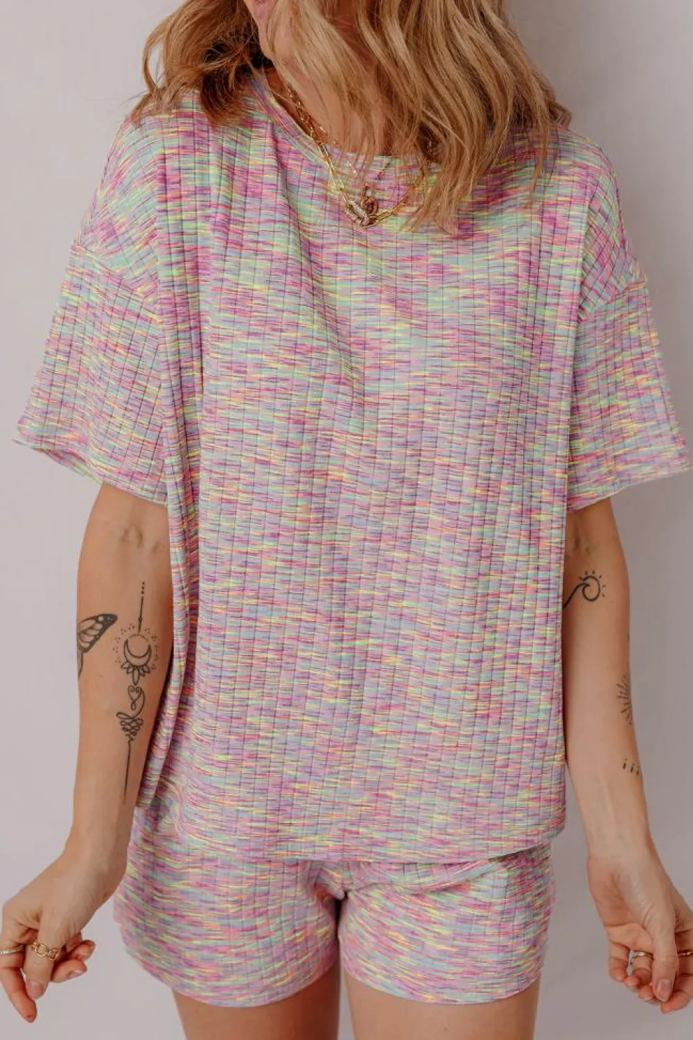 Outlet Dear-Lover Printed Ribbed Knit T Shirt and Shorts Lounge Set Multicolour