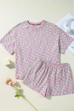Outlet Dear-Lover Printed Ribbed Knit T Shirt and Shorts Lounge Set Multicolour