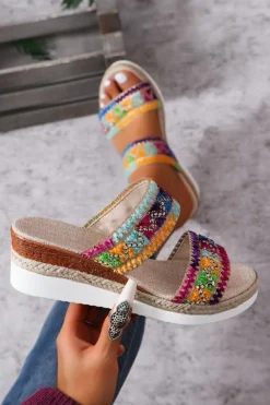 Sale Dear-Lover Random Color Crochet Dual Band Wedge Slippers Multicolour