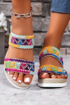 Sale Dear-Lover Random Color Crochet Dual Band Wedge Slippers Multicolour