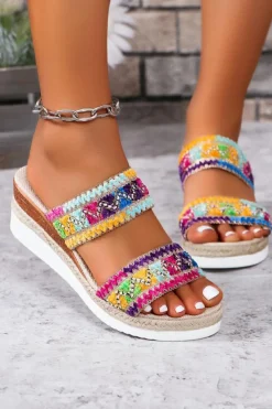 Sale Dear-Lover Random Color Crochet Dual Band Wedge Slippers Multicolour