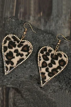 Discount Dear-Lover Rhinestone Edge Leopard Print Heart Shape Earrings Multicolour