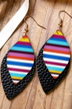 Fashion Dear-Lover Serape Leaf Shape Leathered Drop Earrings Multicolour