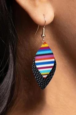 Fashion Dear-Lover Serape Leaf Shape Leathered Drop Earrings Multicolour