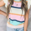 Best Dear-Lover Striped Color Block Flutter Sleeve Patchwork Sweater Top Multicolour