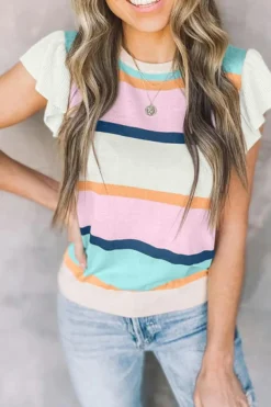 Best Dear-Lover Striped Color Block Flutter Sleeve Patchwork Sweater Top Multicolour