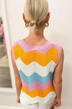 Clearance Dear-Lover Striped Colorblock Scalloped Hem Knitted Vest Multicolour