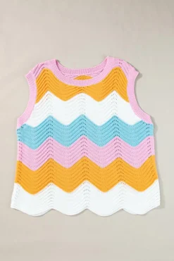 Clearance Dear-Lover Striped Colorblock Scalloped Hem Knitted Vest Multicolour