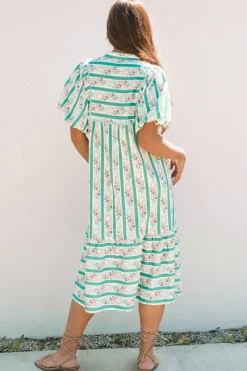 Sale Dear-Lover Striped Floral Print Tie Split Neck Puff Sleeve Midi Dress Multicolour