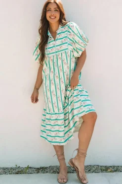 Sale Dear-Lover Striped Floral Print Tie Split Neck Puff Sleeve Midi Dress Multicolour
