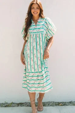 Sale Dear-Lover Striped Floral Print Tie Split Neck Puff Sleeve Midi Dress Multicolour
